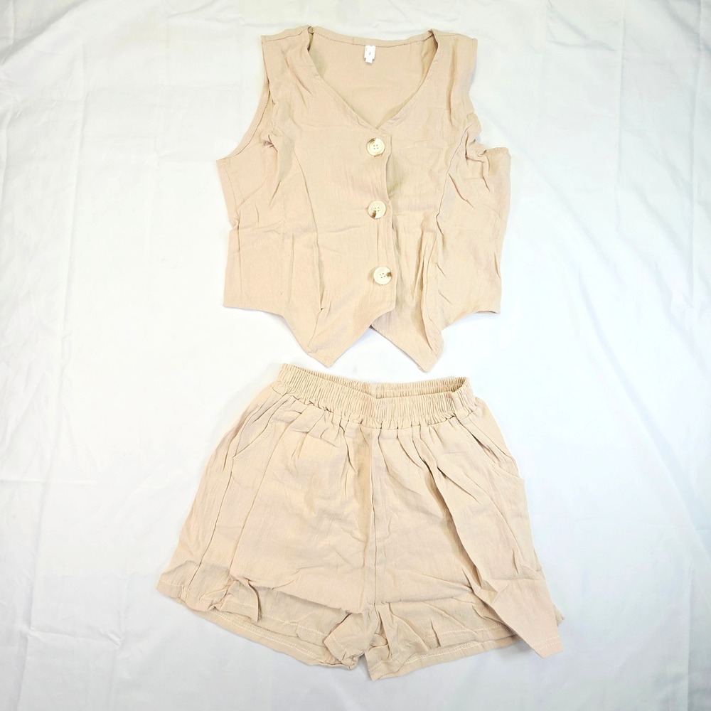 Womens Linen Blend Vest and Shorts Set Size 1 Beige Two Piece Outfit New